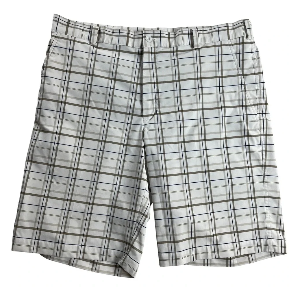 Nike Golf Dri-FIT Plaid Shorts Mens 36 White Gray Performance Golf Flat Front